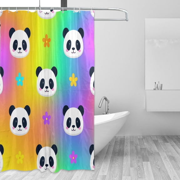 Rainbow Background Cute Panda Faces with Flowers Shower Curtains with 12 Hooks Waterproof Bathroom Decor 66" x 72"