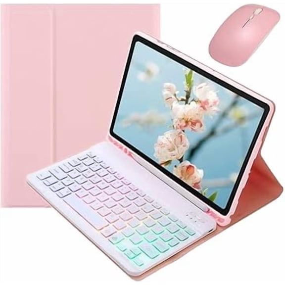 Rainbow Backlit Detachable Keyboard Case with Mouse, Pink+White for Galaxy Tab A9+ 11"