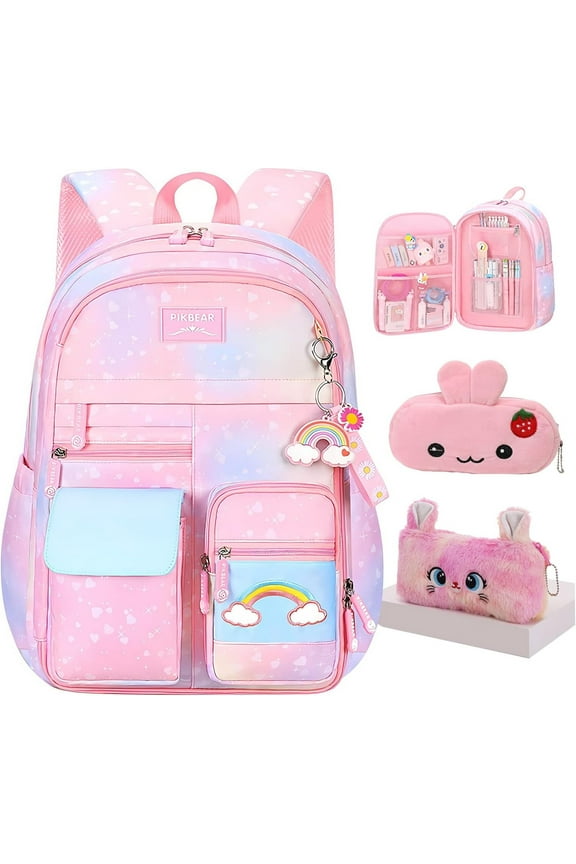 Rainbow Backpack, Cute Backpack With Pen Bag,Pink Aesthetic Starry Rainbow Laptop Travel Bag (Pink Medium 16.5in)