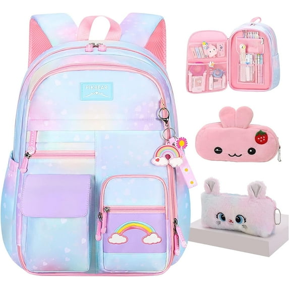 Rainbow Backpack, Cute Backpack With Pen Bag,Pink Aesthetic Starry Rainbow Laptop Travel Bag (Pink Medium 16.5in)