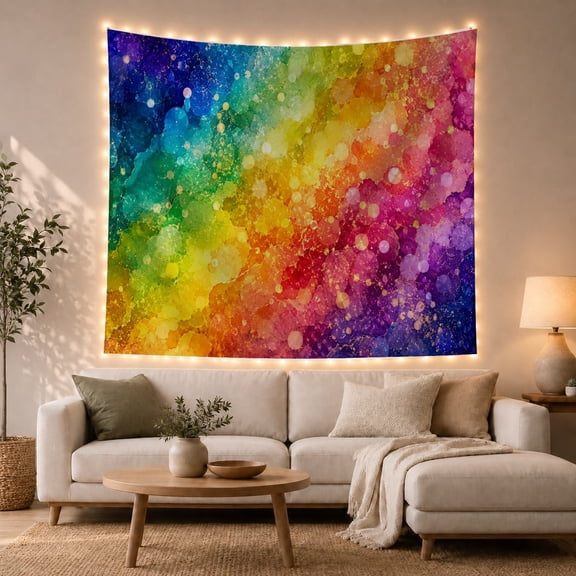 Rainbow Band Among Bokeh and Golden Speckles, Playful Watercolor for Art Lovers, Colorful Abstract Decor, Housewarming Gift, Tapestry Wall Hanging for Studio and Bedroom