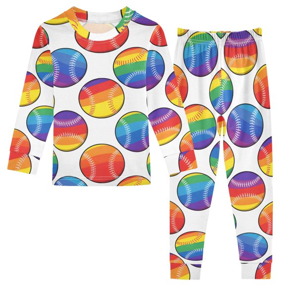 Rainbow Baseball White Background Pattern Cotton Pajamas 2 Piece Set Sleepwear Soft and Comfortable Homewear Nightwear
