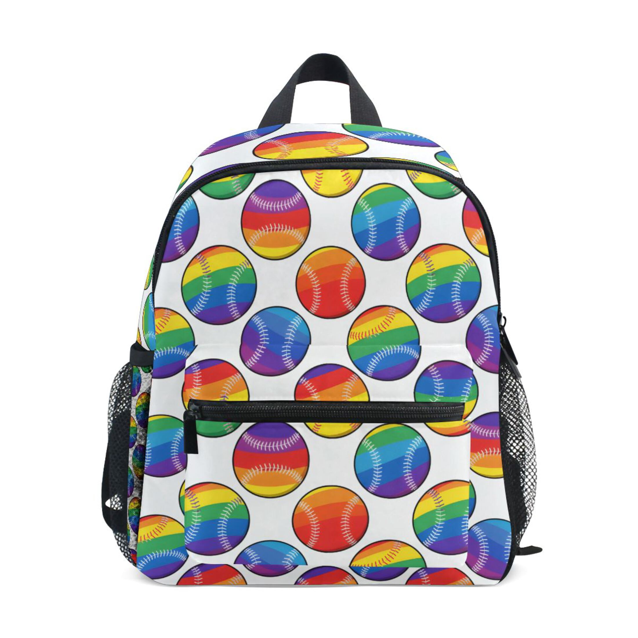 Rainbow Baseball White Background Pattern Mini Backpack Cute Small Backpack with Chest Strap and Whistle Ages 3-8