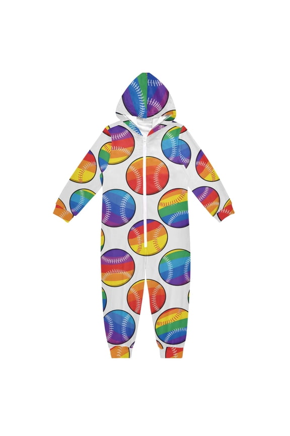 Rainbow Baseball White Background Pattern One Piece Pajamas Soft Jumpsuit Cozy Sleep and Play Romper Zipper and Pockets 4T