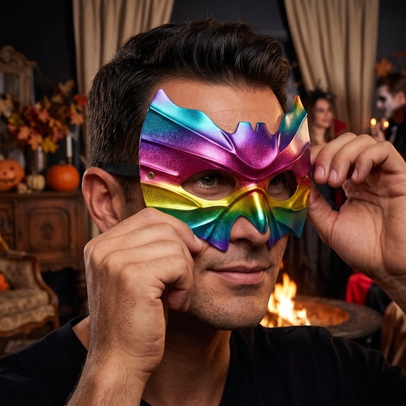 Rainbow Bat Half Face Halloween Mask, 7 Inch Masquerade Mask, Scary Party Accessory for Men and Women, Multicolor, 1 Pack