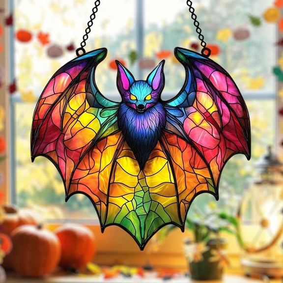 Rainbow Bat Wavy Acrylic Window Hanging, Neon Halloween Faux Wavy Acrylic Suncatcher for Spooky Decor, Colorful Halloween Decor Idea