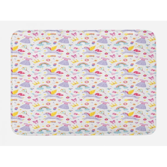 Rainbow Bath Mat, Repetitive Unicorn Pegasus with Funny Cartoon Items, Plush Bathroom Decor Mat with Non Slip Backing, 29.5" X 17.5", Multicolor, by Ambesonne