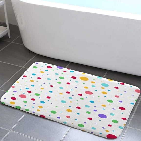 Rainbow Bath Mat Rug, Colorful Geometric Polka Dot Flannel Non Slip Bath and Shower Mat, White Modern Doormat Bathroom Decor 16x24 Inch