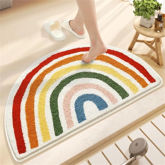 Rainbow Bath Rug, Striped Half-Moon Shaped Colorful Boho Flocking Bathroom Mat, Soft Fiber, High Absorbent, Anti-Slip, Durability, Machine Wash, Great for Home, 20" x 32", Semicircular