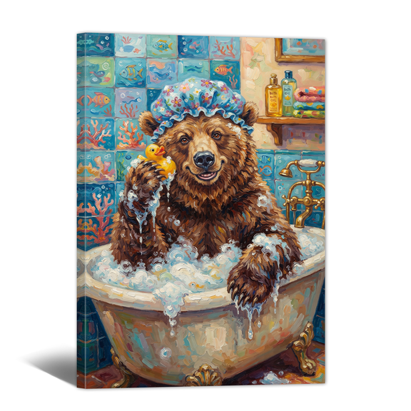 Rainbow Bathroom Canvas Wall Art, Framed Funny Bear in Bathtub Prints Abstract Vintage Animal Artwork Oil Paintings for Restroom Bedroom Hallway Nursery Home Decor