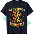 thumbnail image 1 of Rainbow 'Be Yourself' Graphic Black T-Shirt with Stars & Dots Design, 1 of 5