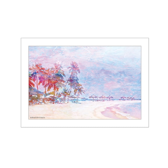 Trendy Decor 4U "Rainbow Bright Sandy Beach with Umbrellas" Framed Wall Art, Modern Home Dcor White Framed Print for Living Room, Bedroom & Farmhouse Wall Decoration by Bluebird Barn 20"x14"
