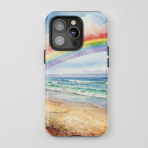Rainbow Beach Watercolor Phone Case for All iPhone Series Protective Case Landscape Style Blue