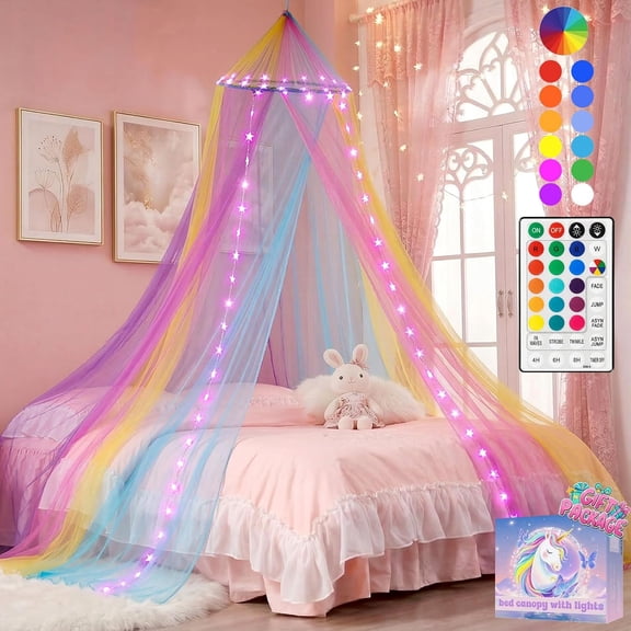 Rainbow Bed Canopy with 24 Colors Star Lights for Girls | Color Changing Lighted Princess Bed Canopy Curtains with Remote, Mosquito Net for Kids Twin Full Queen King Bedroom