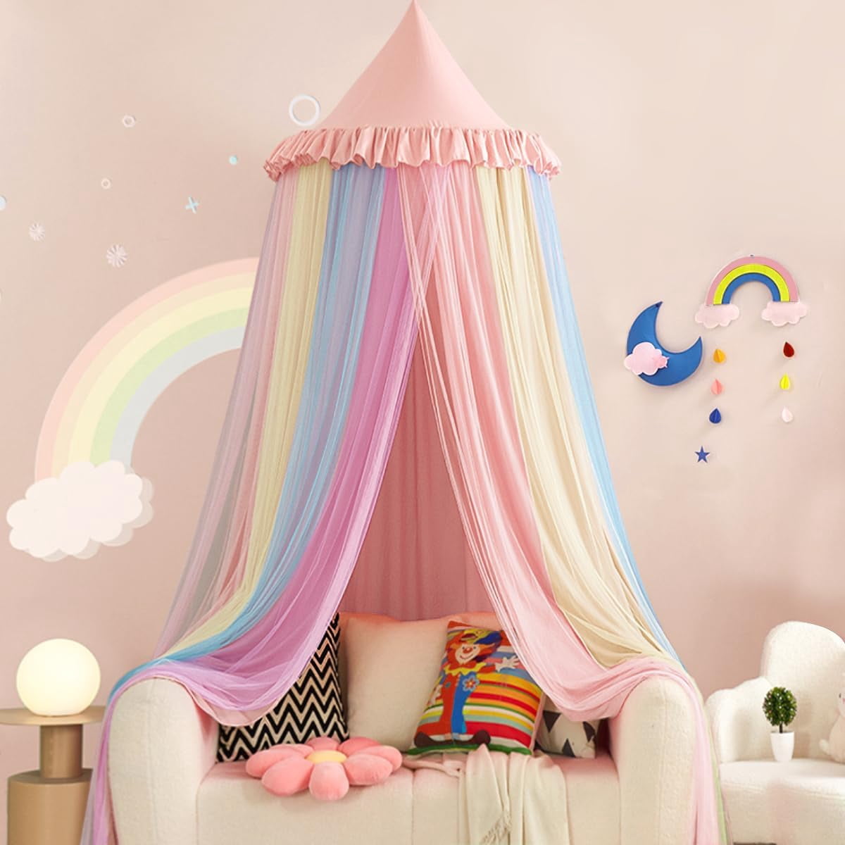 Rainbow Bed Canopy Dreamy Mosquito Net for Bed Round Dome Princess Bed Canopy Room Play Tent Canopy Bed Netting Curtains (Beige Pink Rainbow)