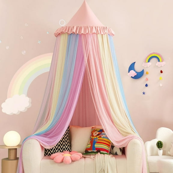 Rainbow Bed Canopy for Girls Dreamy Mosquito Net for Bed Round Dome Princess Bed Canopy Girl Room Play Tent Kids Canopy Bed Netting Curtains (Beige Pink Rainbow)