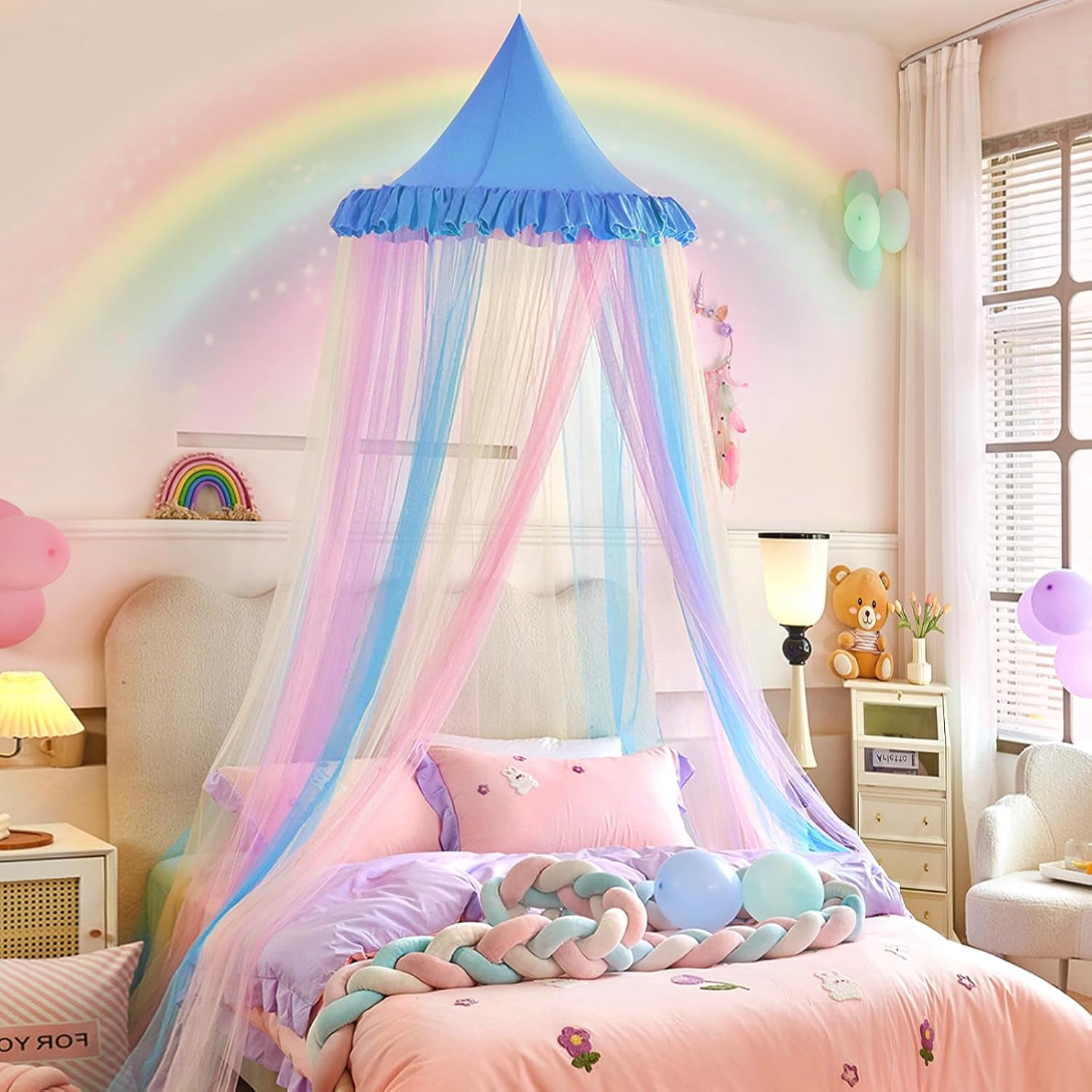 Rainbow Bed Canopy for Girls Dreamy Mosquito Net for Bed Round Dome Princess Bed Canopy Girl Room Play Tent Kids Canopy Bed Netting Curtains (Single Layer- Blue)