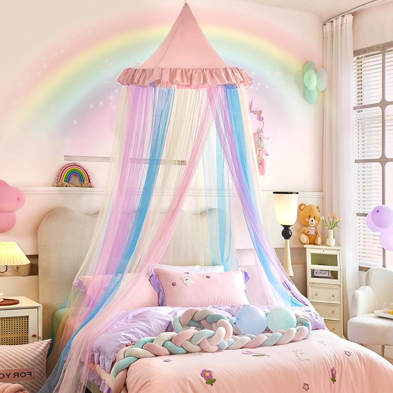 Rainbow Bed Canopy for Girls Dreamy Mosquito Net for Bed Round Dome Princess Bed Canopy Girl Room Play Tent Kids Canopy Bed Netting Curtains (Single Layer- Pink)