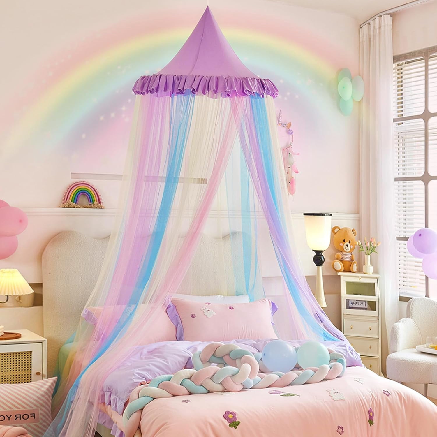 Rainbow Bed Canopy for Girls Dreamy Mosquito Net for Bed Round Dome Princess Bed Canopy Girl Room Play Tent Kids Canopy Bed Netting Curtains (Single Layer- Purple)