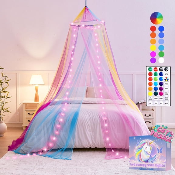 Rainbow Bed Canopy with Star Lights for Girls Bedroom, 24 Colors Canopy Bed Curtains Color Changing Princess Canopy Remote Timer for Kids Tent Twin Full Queen King Size Bed