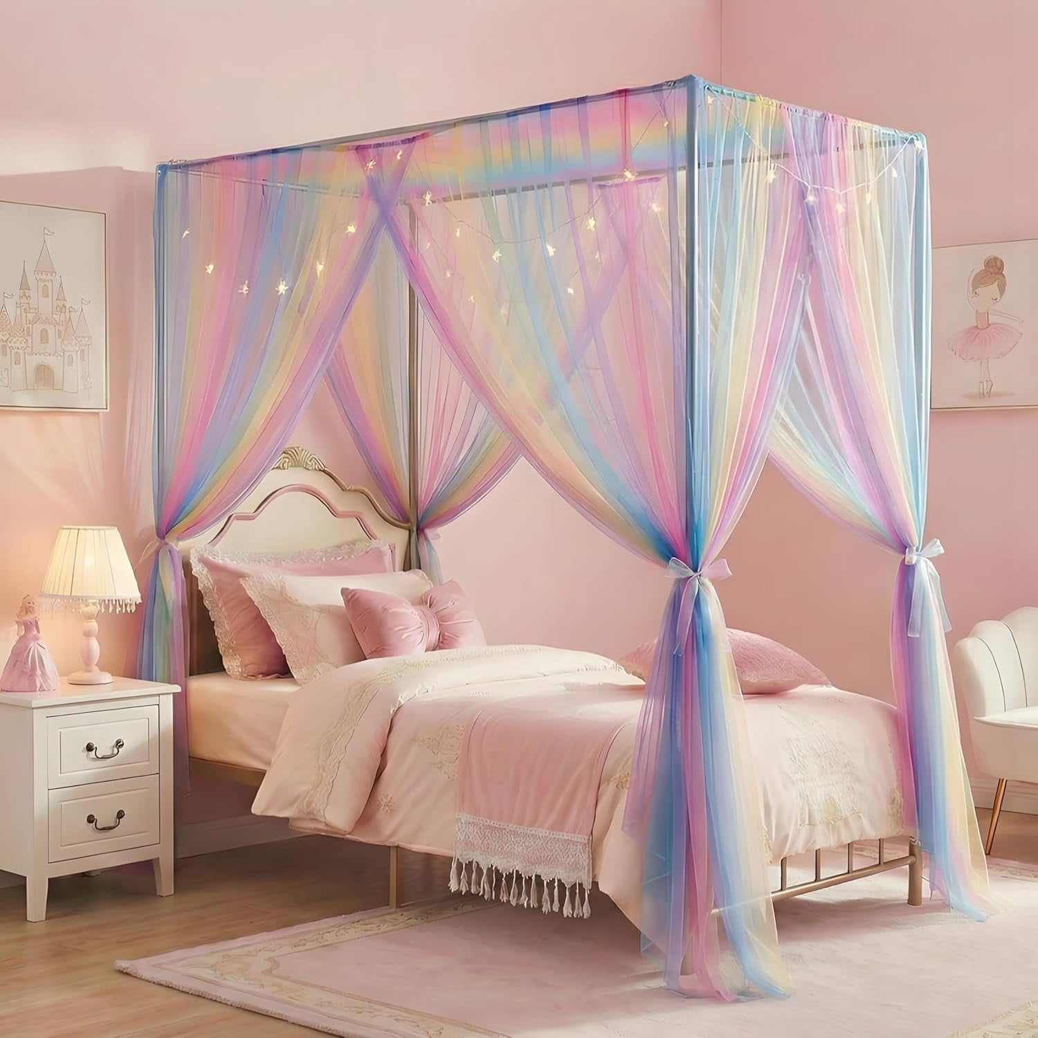 Rainbow Bed Canopy for Girls Kids, 4 Corner Post Princess Full Canopy Bed Curtains with DIY Star Stickers for Bedroom Decor