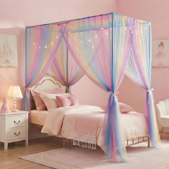 Rainbow Bed Canopy for Girls Kids, 4 Corner Post Princess Full Canopy Bed Curtains with DIY Star Stickers for Bedroom Decor