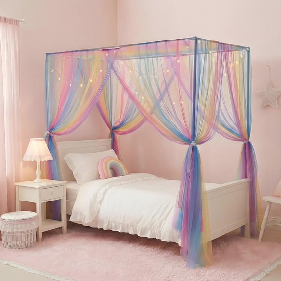 Rainbow Bed Canopy for Girls Kids, 4 Corner Post Princess Twin Canopy Bed Curtains for Bedroom Decor Gift