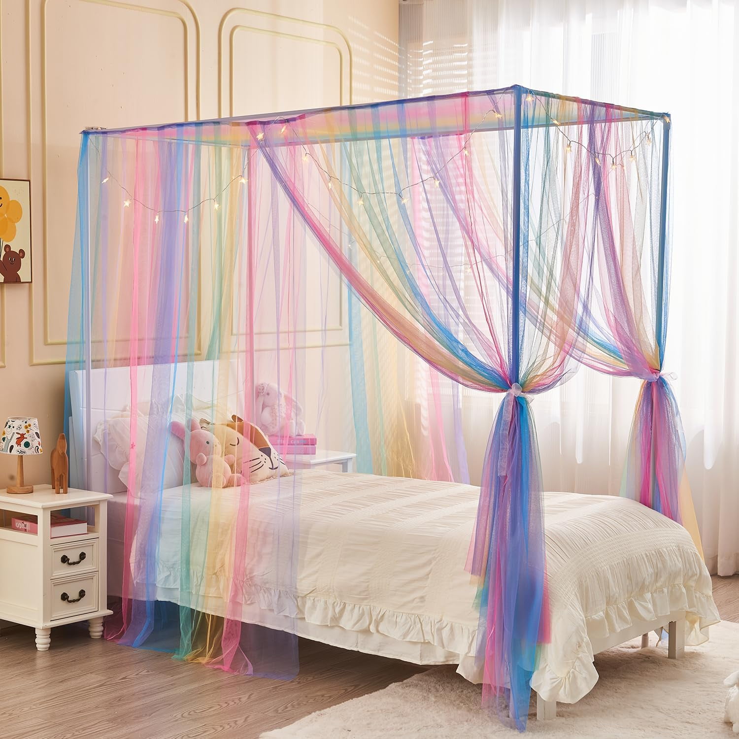Rainbow Bed Canopy for Girls Kids with Light, 4 Corner Post Princess Canopy  Bed Curtains with DIY Star Stickers for Bedroom Decor (Twin, Rainbow) -  Walmart.com, image size:1500x1500