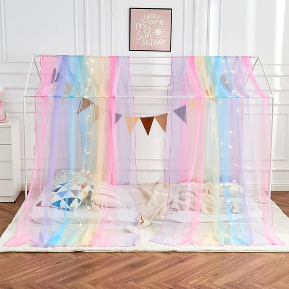 Rainbow Bed Canopy for Girls, Sheer Twin Curtains with Lights, Princess Scarf Girls Room Decor (2 Panel)