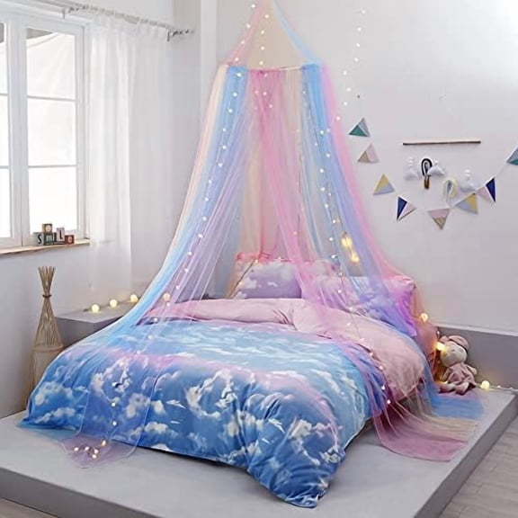 Rainbow Bed Canopy with Lights - Girls Room Bed Netting for Twin, Single, Full, Queen Size Beds - Reading Corners Room Décor