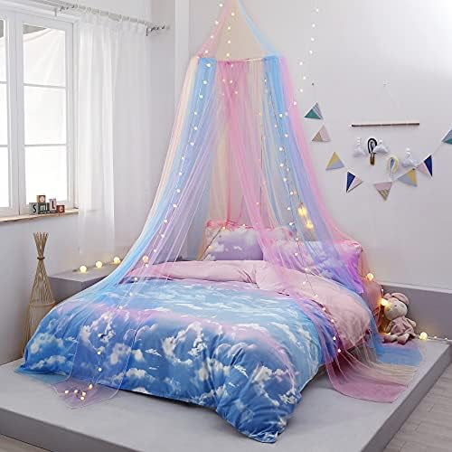 Rainbow Bed Canopy with Lights - Girls Room Bed Netting for Twin, Single, Full, Queen Size Beds - Reading Corners Room Décor
