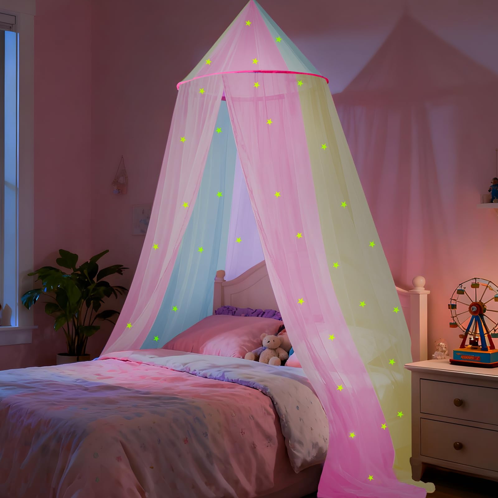 Rainbow Bed For With Glowing Stars  Colorful Princess Curtains Full And Queen Sizes Mosquito Netting Ceiling Tent Bedroom Decor