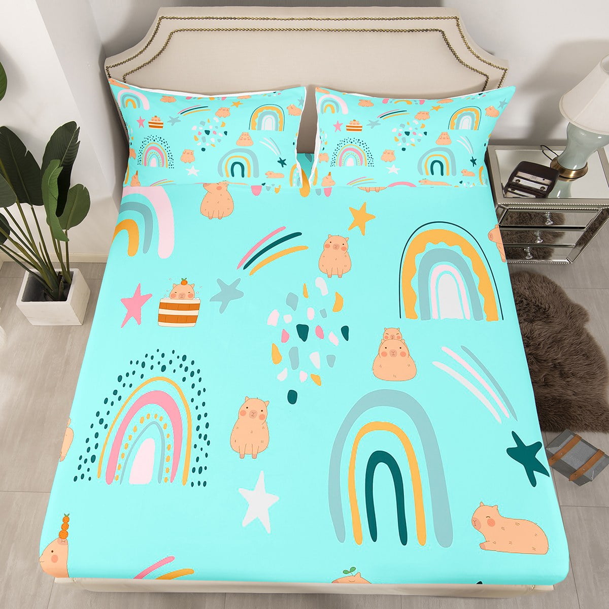Rainbow Bed Sheets Twin Size For Girls, Capybara Lover Bedding Set