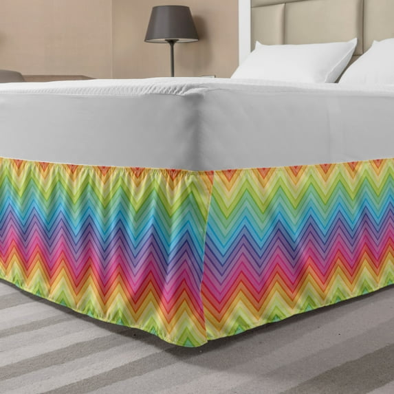 Rainbow Bed Skirt, Colorful Zig Zag Chevron Pattern Geometric Modern Sharp Design Illustration, Elastic Bedskirt Dust Ruffle Wrap Around for Bedding Decor, 4 Sizes, Multicolor, by Ambesonne