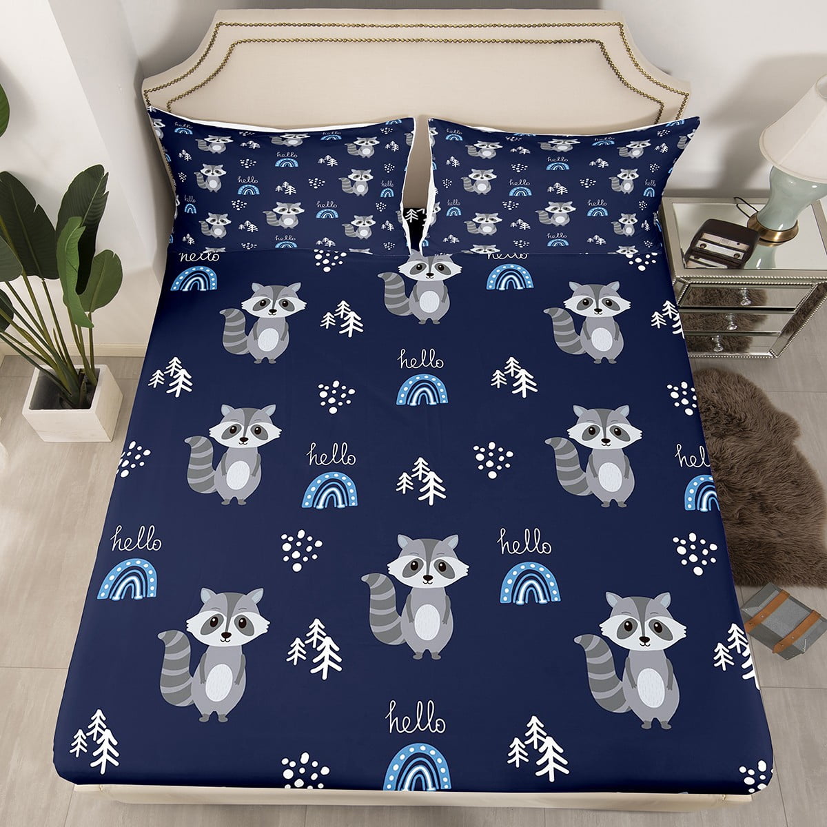 Rainbow Bed Sheets Raccoon Bedding Set for Kids Child Boys,Cartoon Wild