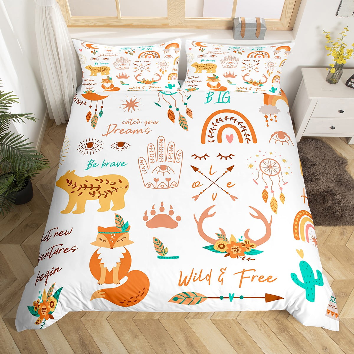 Rainbow Bedding Set Bohemian Comforter Cover,Bear Deer Antler Ethnic