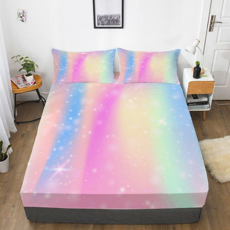Rainbow Bedding Set Colorful 3D Fitted Sheet Bedroom Bedsheet Girls Bed