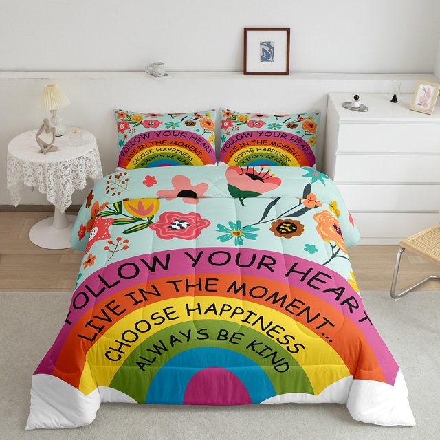 Rainbow Bedding Set Watercolor Flowers Comforter Set King for Boys