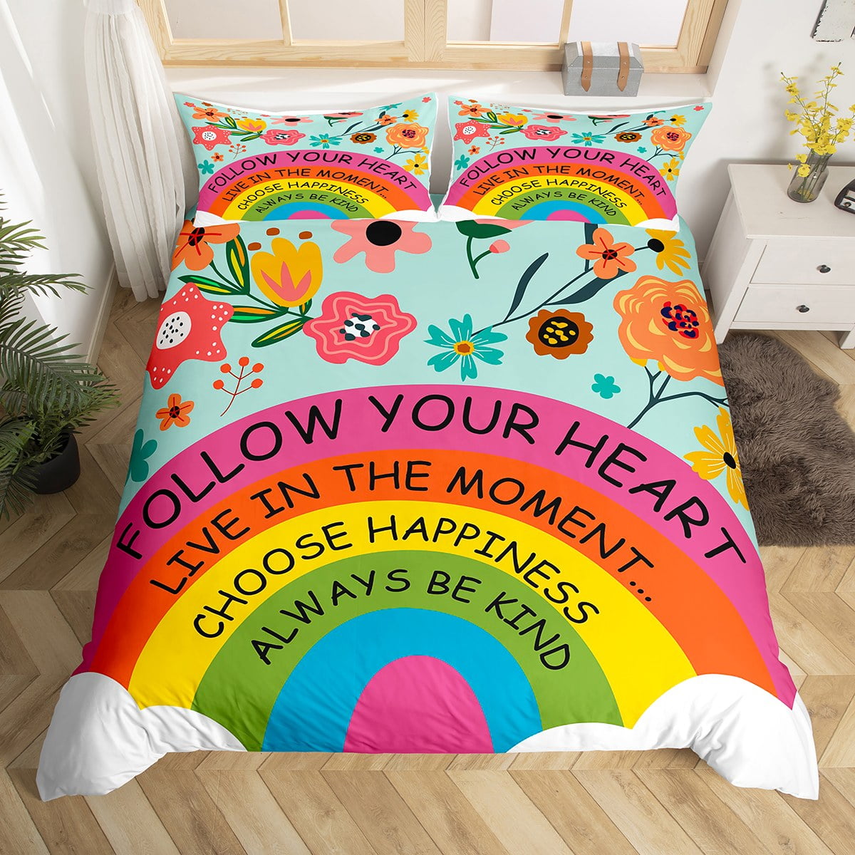 Rainbow Bedding Set Watercolor Flowers Duvet Cover Full for Boys