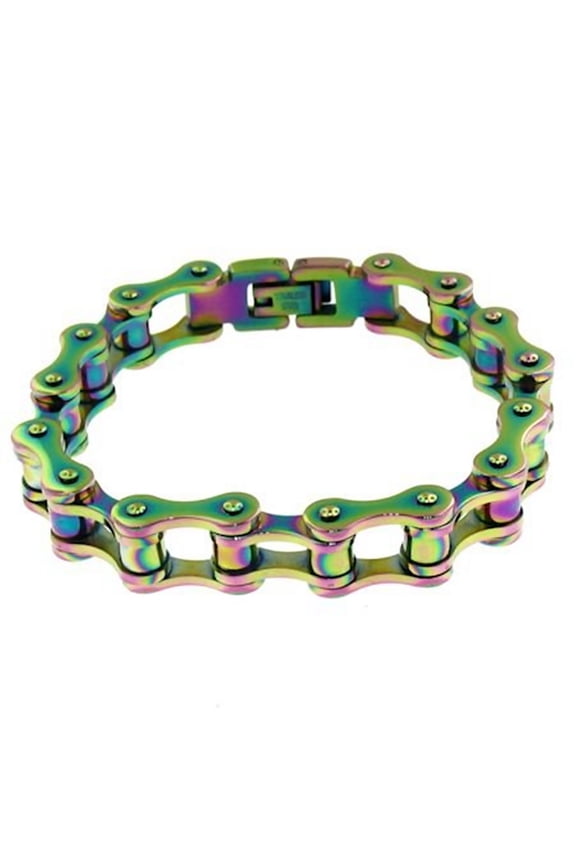 Rainbow Bike Chain Bracelet 316L Stainless Steel Derailleur Cuff 8 Inch Womens Mens Fantasy Forge Jewelry