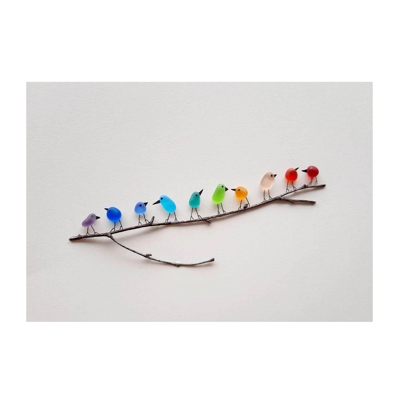 Rainbow Birds on Branch Sea Glass &Driftwood Picture Unframed