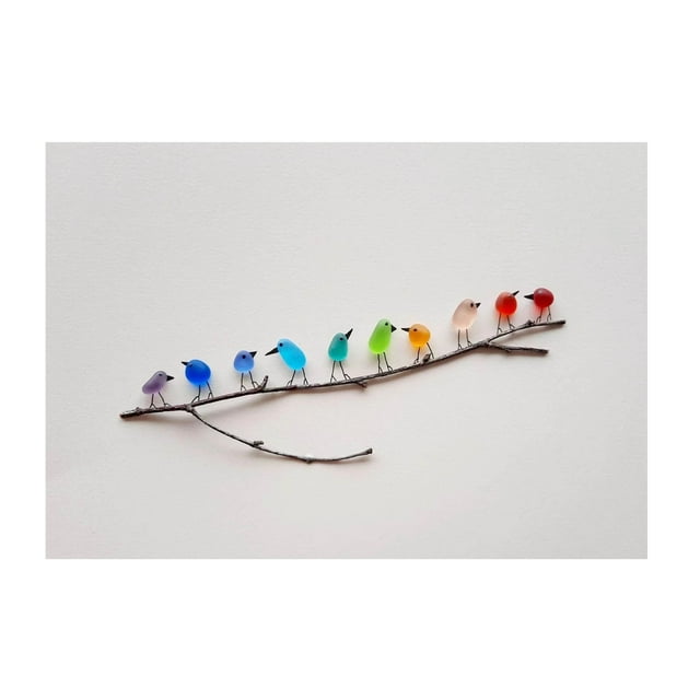 Rainbow Birds on Branch - Sea Glass &Driftwood Picture - Unframed ...