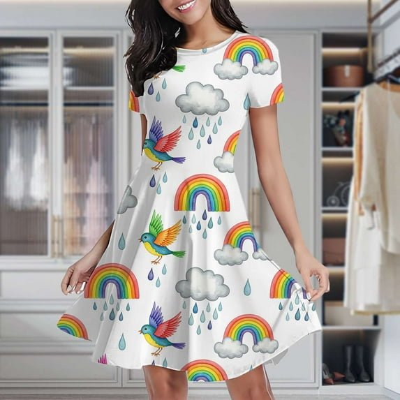 Rainbow Birds Clouds Pattern Women's Classic Swing Skater Dress Casual Work Party Cocktail Dresses