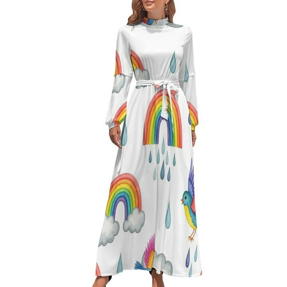 Rainbow Birds Clouds Pattern Women's Long Dress Long Sleeves Dress Vintage Dresses Party Maxi Dress High Waist Dress