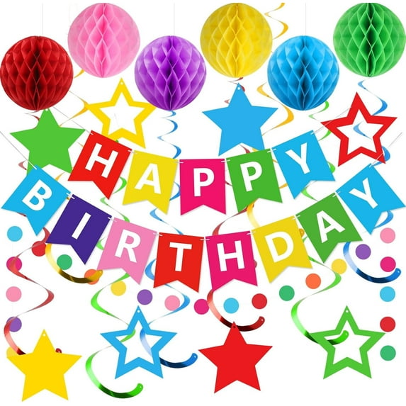 Rainbow Birthday Party Decorations - Happy Birthday Banner, Honeycomb Ball, Swirls, Circle Dot Garland, Triangle Flags ,Happy Birthday Party Decorations for Women Men Boys Girls