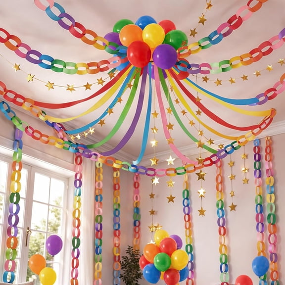 Rainbow Birthday Party Decorations Kit with 492ft Crepe Paper Streamers, 300 Sheets Paper Chain Strips, 78.6ft Gold Star Garland and 30Pcs 12" Colorful Rainbow Balloons for Hanging Decor