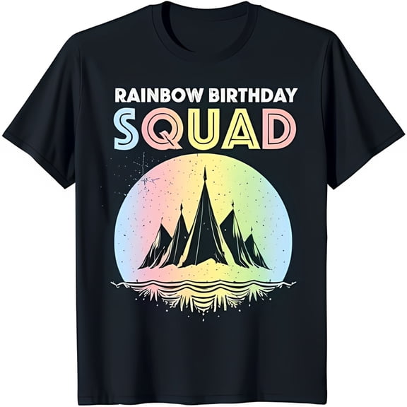 Rainbow Birthday Squad Black T-Shirt with Colorful Mountain Graphic