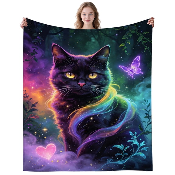 Rainbow Black Cat Blanket Gifts for Women Men Adults Cats Lovers Soft Plush Glowing Cats Throw Blankets for Bedding Travelling Decor Birthday Gifts 50×40 Inch