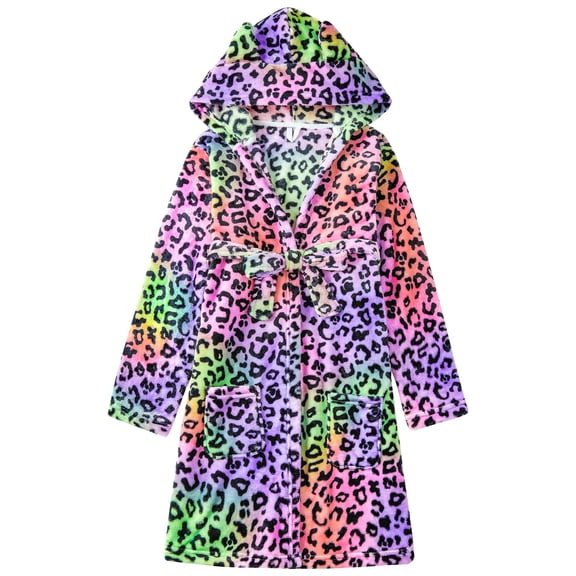 Topgal Rainbow Black Leopard Robe for Girls Fleece Toddler Kids Teen Spa Hooded Bathrobe Size 10