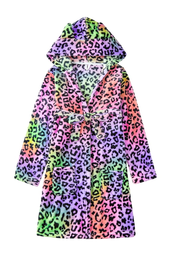 Rainbow Black Leopard Robe for Girls Fleece Toddler Kids Teen Spa Hooded Bathrobe Size 8